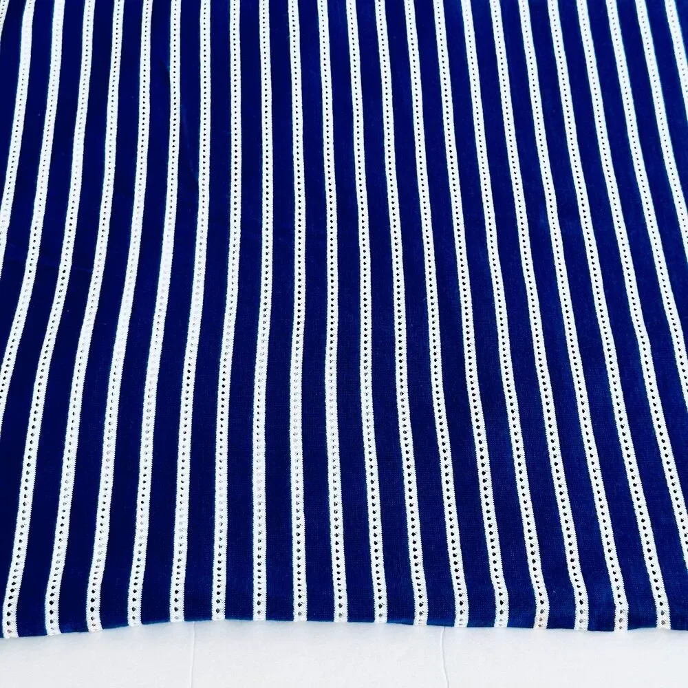 Navy Blue Stripe Knit Fabric Vintage 70s Knit PERFORATED Cotton Blend 53 x 63